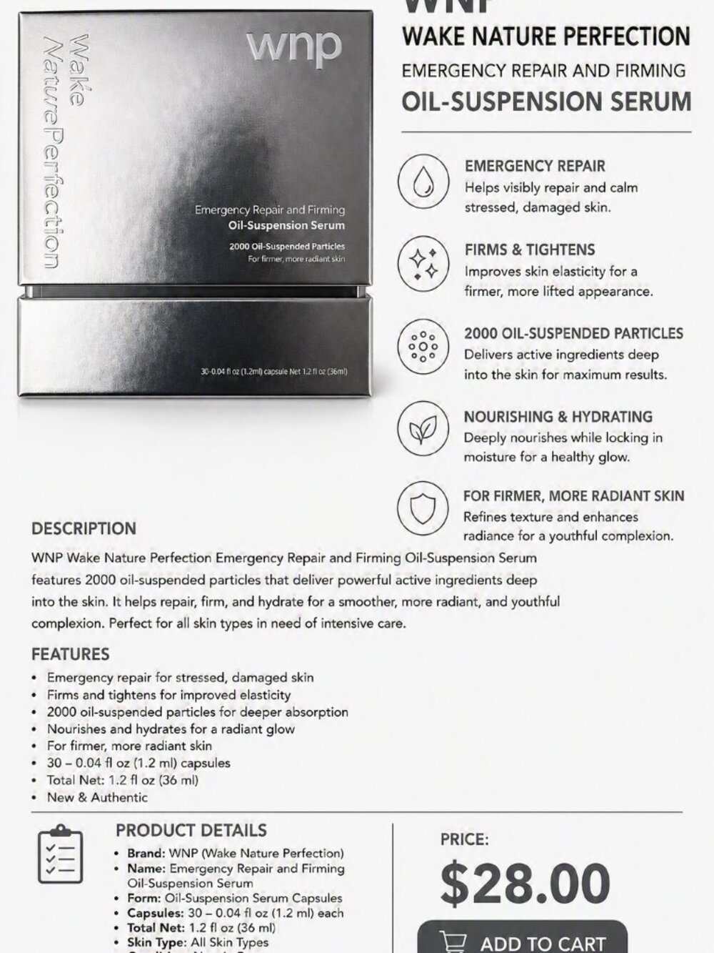 NEW WNP Wake Nature Perfection Emergency Repair & Firming Oil-Suspension Serum